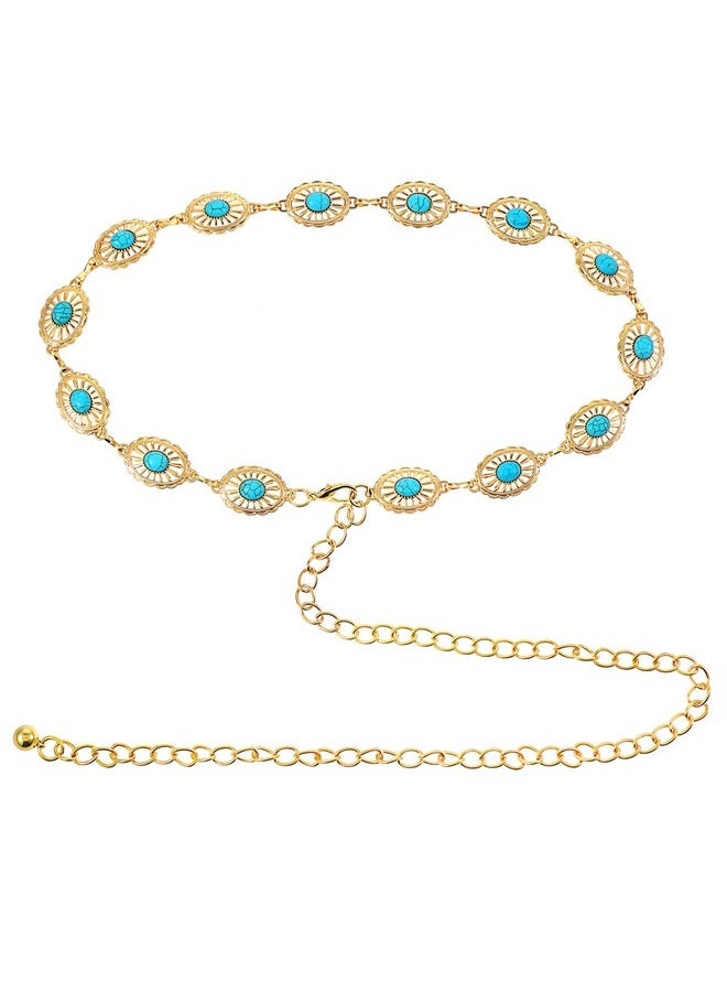 Concho Chain Waist Belts for Women, Turquoise Western Metal Belt Adjustable Cowgirl Belt with Buckle for Jeans Dresses (Gold)