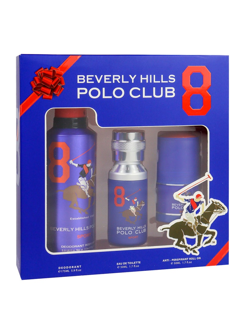 Polo Club Sport No.8, Gift Set For Men - Sport Deodorant 175ML + Eau De Toilette 50ML + Antiperspirant Roll On 50ML