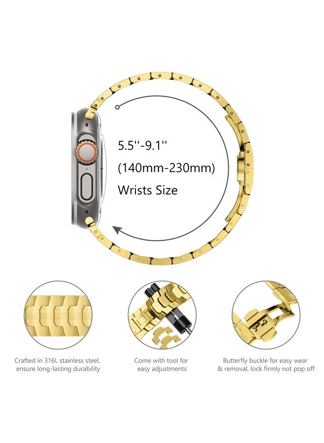 Compatible for Apple Watch Ultra Band 49mm 45mm 44mm 42mm Series 8 Series 7 Men, Metal Band Stainless Steel Strap Wristband for Apple iWatch Series 8 7 SE 6 5 4 3 2 1 Bracelet, Gold