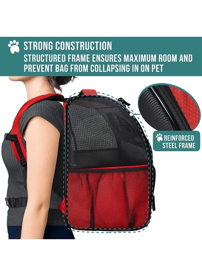 Deluxe Pet Carrier Backpack for Small Cats and Dogs, Puppies | Ventilated Design, Two-Sided Entry, Safety Features and Cushion Back Support | for Travel, Hiking, Outdoor Use (Red)
