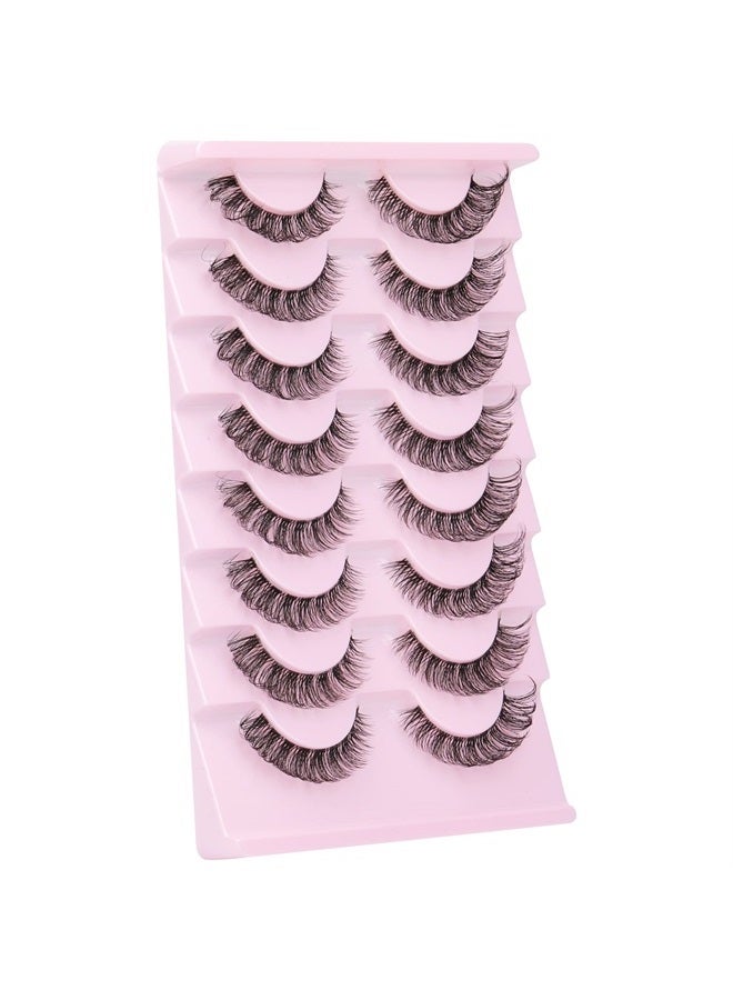 Russian Strip Lashes Natural Look Cat Eye Style with Clear Band 8 Pairs Fluffy Wispy 3D Effect False Eyelashes Thin Volume Fake Lashes Pack By GVEFETIEE