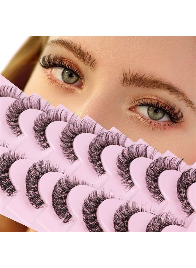 Russian Strip Lashes Natural Look Cat Eye Style with Clear Band 8 Pairs Fluffy Wispy 3D Effect False Eyelashes Thin Volume Fake Lashes Pack By GVEFETIEE