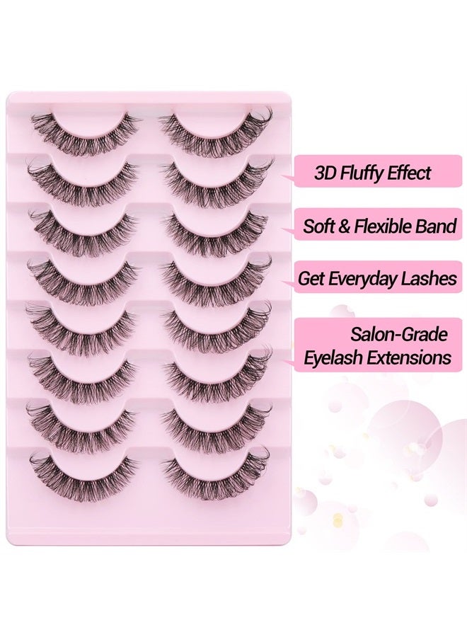 Russian Strip Lashes Natural Look Cat Eye Style with Clear Band 8 Pairs Fluffy Wispy 3D Effect False Eyelashes Thin Volume Fake Lashes Pack By GVEFETIEE