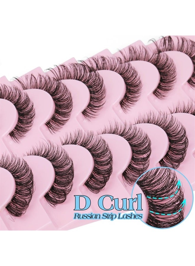 Russian Strip Lashes Natural Look Cat Eye Style with Clear Band 8 Pairs Fluffy Wispy 3D Effect False Eyelashes Thin Volume Fake Lashes Pack By GVEFETIEE