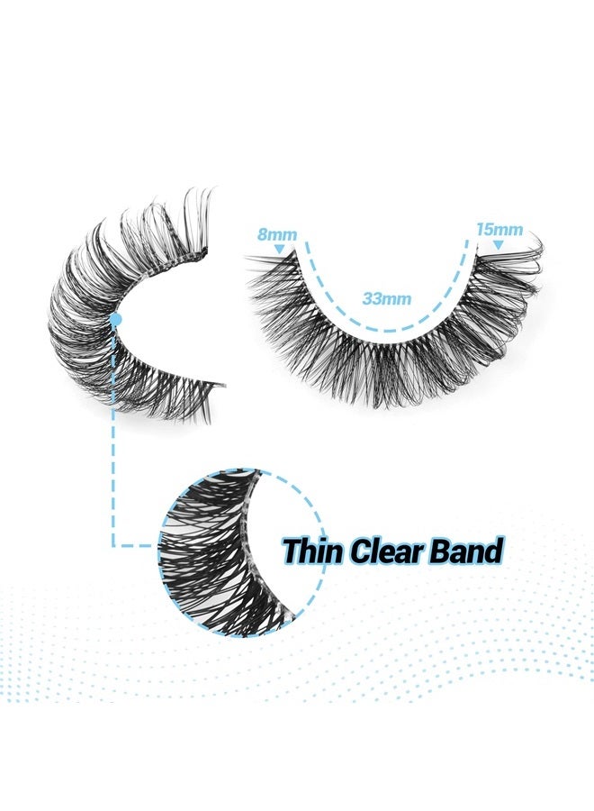 Russian Strip Lashes Natural Look Cat Eye Style with Clear Band 8 Pairs Fluffy Wispy 3D Effect False Eyelashes Thin Volume Fake Lashes Pack By GVEFETIEE