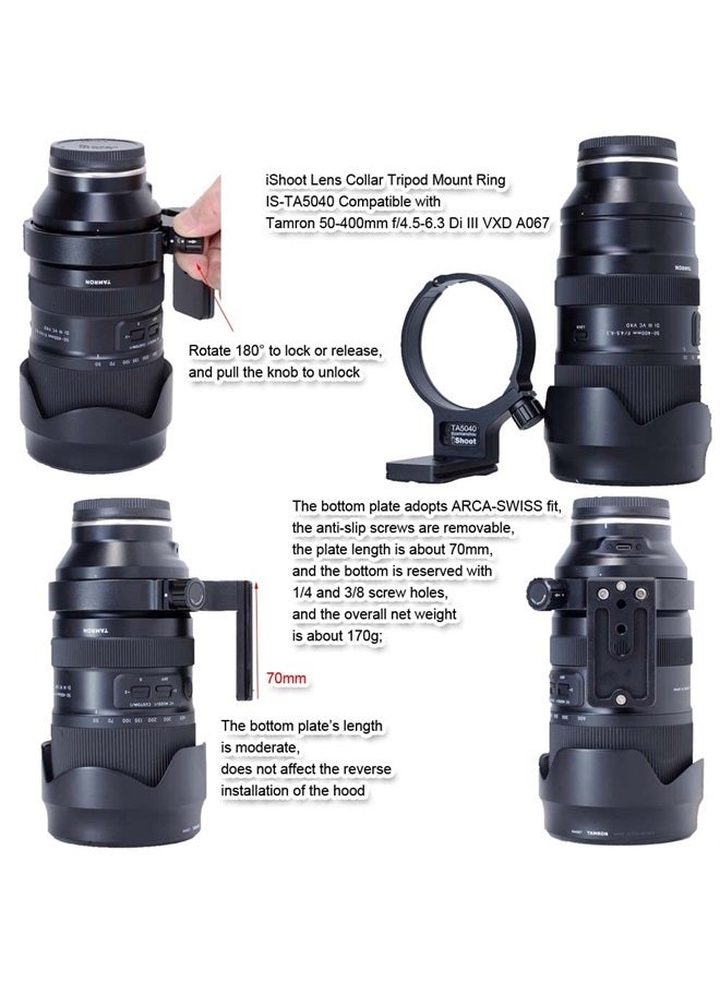Metal Lens Collar Tripod Mount Ring Compatible with Tamron 50-400mm f/4.5-6.3 Di III VXD A067, Lens Support Holder Bracket Bottom is Arca-Swiss Fit Quick Release Plate Dovetail Groove