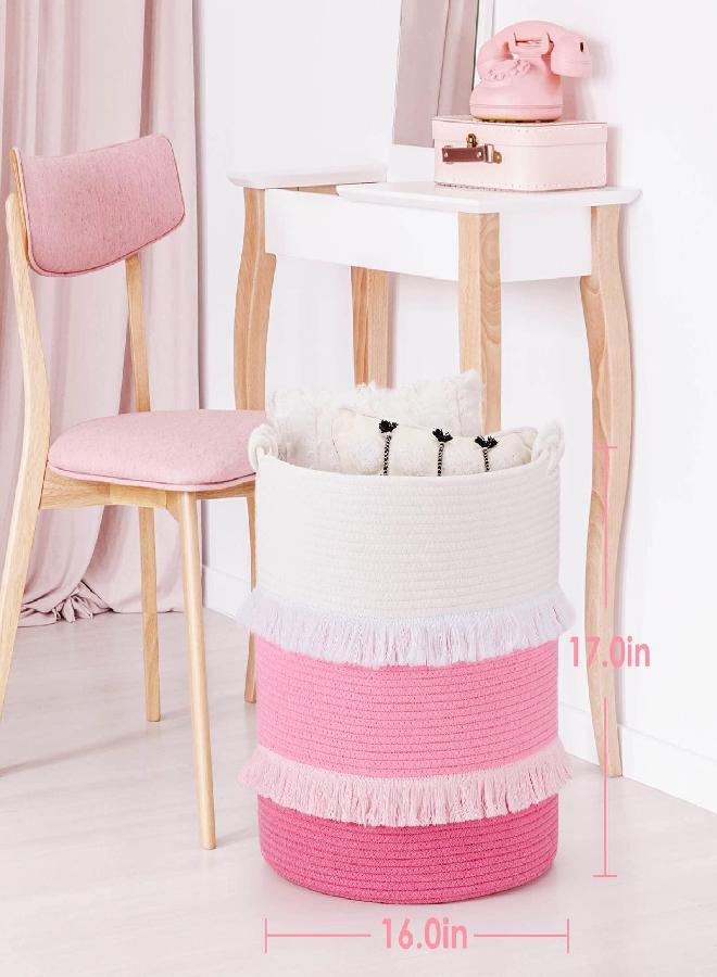 CherryNow Extra Large Woven Storage Baskets - 16'' x 17'' Cotton Rope Decorative Pink Hamper for Nursery, Toys, Blankets, and Laundry, Cute Tassel Nursery Décor for Baby & Girl