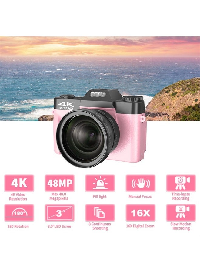 Digital Cameras for Photography, 4K 48MP Vlogging Camera 16X Digital Zoom Manual Focus Rechargeable Students Compact Camera with 52mm Wide-Angle & Macro Lens, 32G TF Card and 2 Batteries