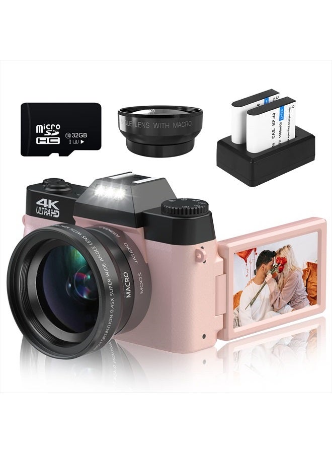 Digital Cameras for Photography, 4K 48MP Vlogging Camera 16X Digital Zoom Manual Focus Rechargeable Students Compact Camera with 52mm Wide-Angle & Macro Lens, 32G TF Card and 2 Batteries