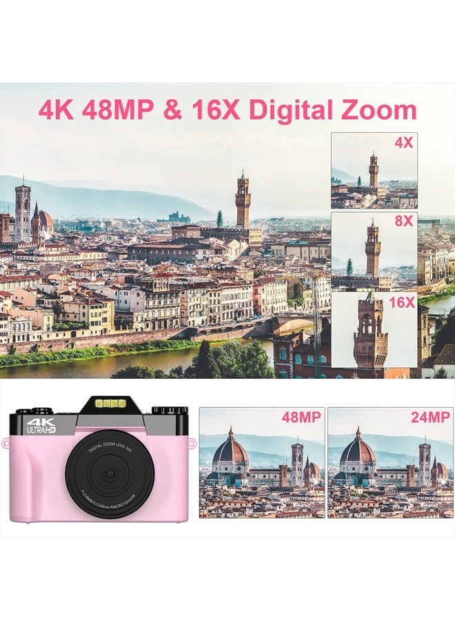 Digital Cameras for Photography, 4K 48MP Vlogging Camera 16X Digital Zoom Manual Focus Rechargeable Students Compact Camera with 52mm Wide-Angle & Macro Lens, 32G TF Card and 2 Batteries