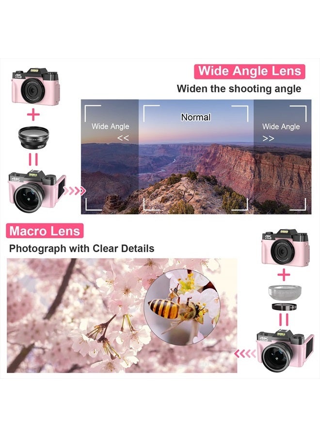 Digital Cameras for Photography, 4K 48MP Vlogging Camera 16X Digital Zoom Manual Focus Rechargeable Students Compact Camera with 52mm Wide-Angle & Macro Lens, 32G TF Card and 2 Batteries