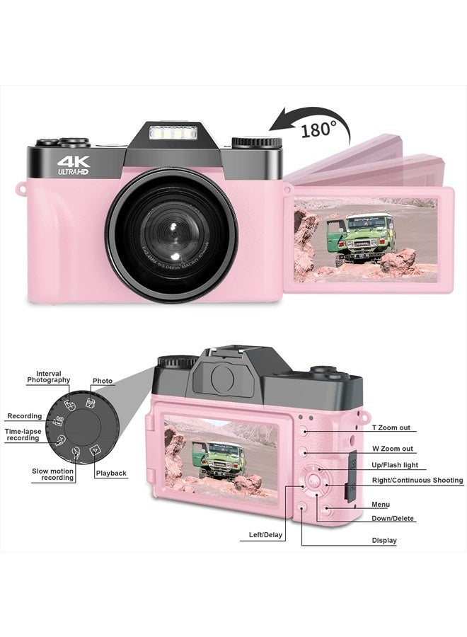 Digital Cameras for Photography, 4K 48MP Vlogging Camera 16X Digital Zoom Manual Focus Rechargeable Students Compact Camera with 52mm Wide-Angle & Macro Lens, 32G TF Card and 2 Batteries