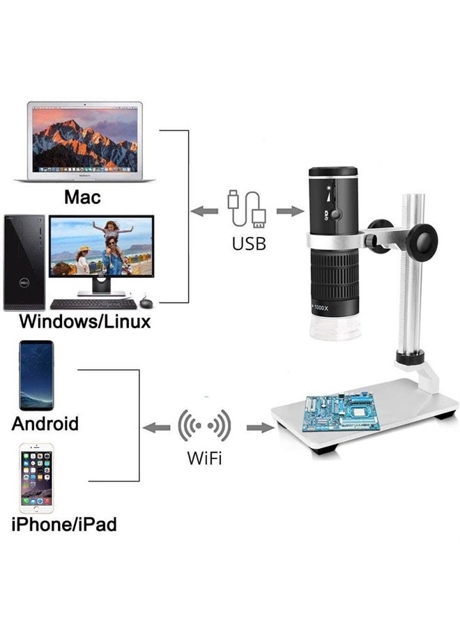 WiFi USB Digital Microscope 50 to 1000x Wireless Magnification Endoscope 8 LED Mini HD Camera with Updated Stand Portable Case, Compatible with iPhone iPad Android Mac Windows Linux