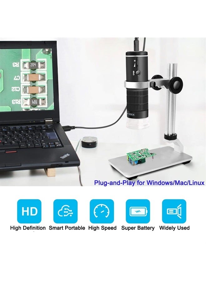 WiFi USB Digital Microscope 50 to 1000x Wireless Magnification Endoscope 8 LED Mini HD Camera with Updated Stand Portable Case, Compatible with iPhone iPad Android Mac Windows Linux