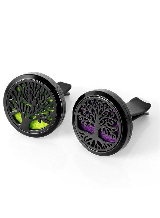 2PCS Tree of Life Car Diffuser Aromatherapy Essential Oil Black Stainless Steel Locket with Vent Clip 12 Felt Pads