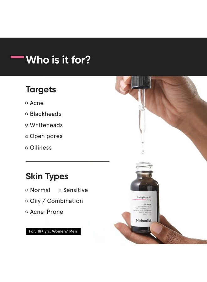Minimalist 2% Salicylic Acid Serum For Acne Blackheads & Open Pores | Reduces Excess Oil & Bumpy Texture | Bha Based Exfoliant For Acne Prone Or Oily Skin | 30Ml
