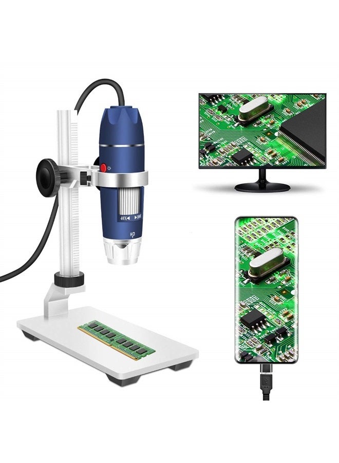 HD 2MP USB Digital Microscope 40X to 1000X Portable Magnification Endoscope Camera with 8 LEDs Aluminum Alloy Stable Stand for OTG Android Mac Windows 7 8 10 11 Linux