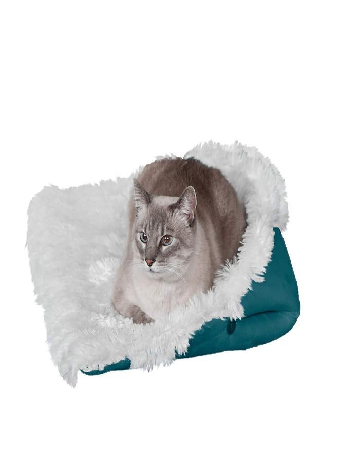 Furhaven Small Cat Bed Self-Warming Long Faux Fur & Suede Convertible Cuddler, Washable - Spruce, Small