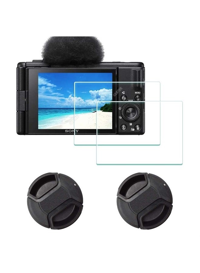 Screen Protector for Sony ZV-1F Vlog Camera & Lens Cap Cover,ULBTER 0.3mm 9H Hardness Tempered Glass Cover Anti-Scrach Anti-Fingerprint Anti-Dust Anti-Bubble [2+2 Pack]