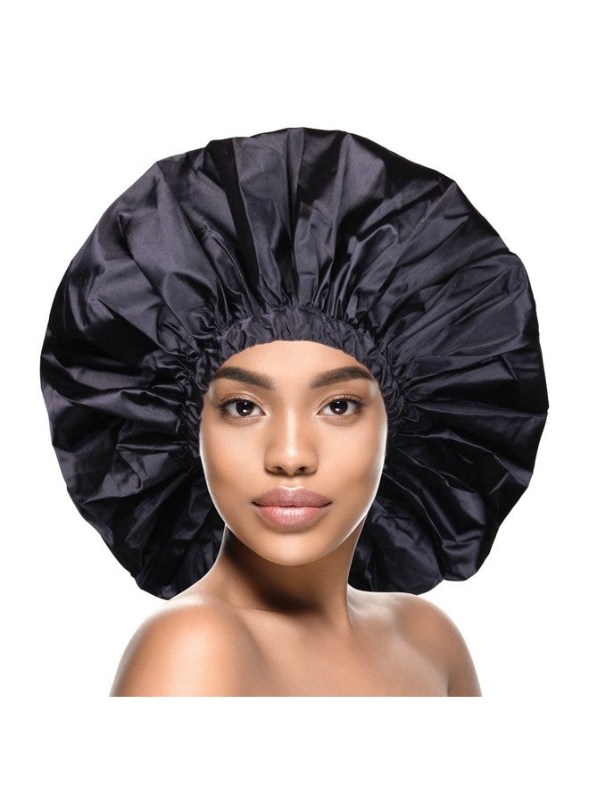 Jumbo Satin Shower & Conditioning Cap 1Pc For Women Curly Hair Roller Sets Crochet Hairstyles Elastic Band Waterproof Shower Cap Jumbo Midnight Black Shower Cap Jumbo