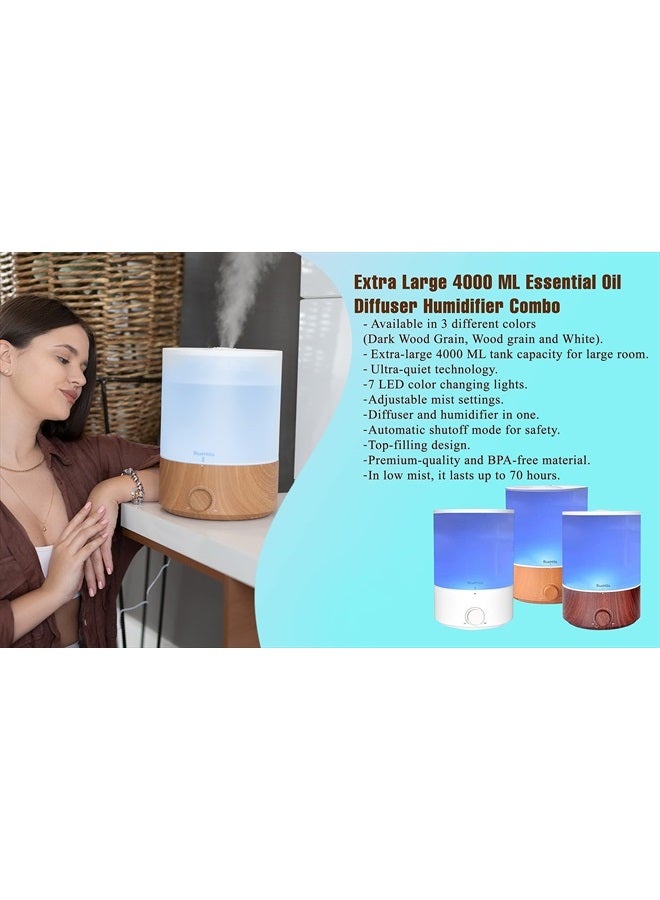 Premium 4000 ml XL Essential Oil Diffuser 4L 4 Liter 70 Hour Run Humidifier Aromatherapy 1 Gallon Big Capacity High Mist Output for Large Room Home Mood Lights WhiteE401