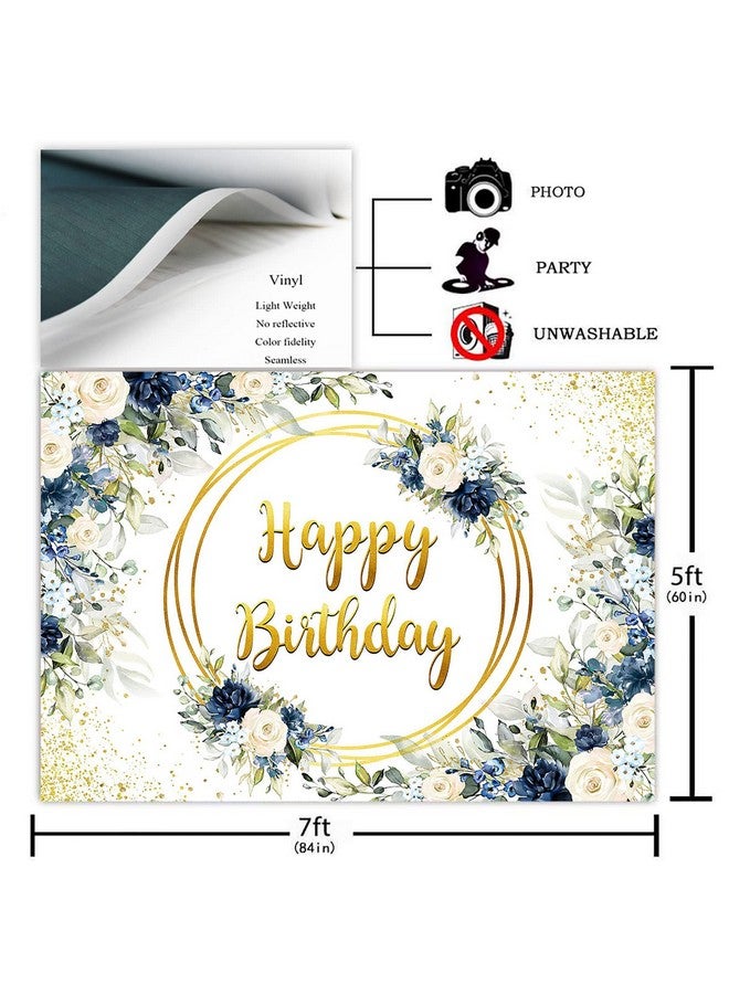 Watercolor Floral Birthday Backdrop Deep Blue And White Rose Birthday Party Decorations Girls And Women Photoshoot Background (7X5Ft)