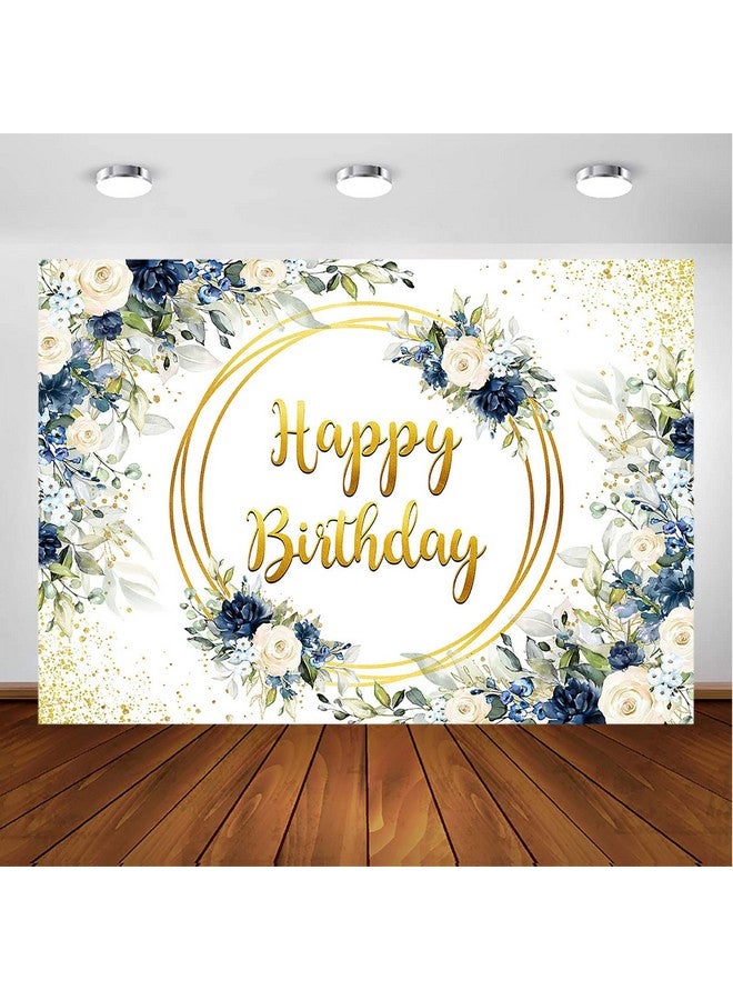 Watercolor Floral Birthday Backdrop Deep Blue And White Rose Birthday Party Decorations Girls And Women Photoshoot Background (7X5Ft)