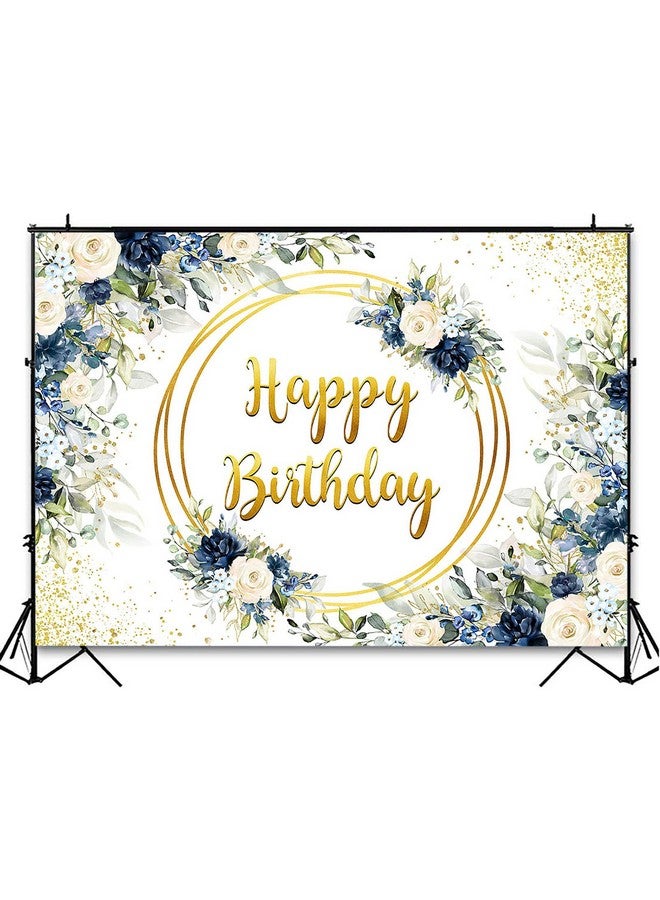 Watercolor Floral Birthday Backdrop Deep Blue And White Rose Birthday Party Decorations Girls And Women Photoshoot Background (7X5Ft)