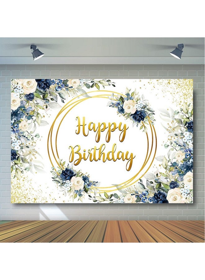 Watercolor Floral Birthday Backdrop Deep Blue And White Rose Birthday Party Decorations Girls And Women Photoshoot Background (7X5Ft)