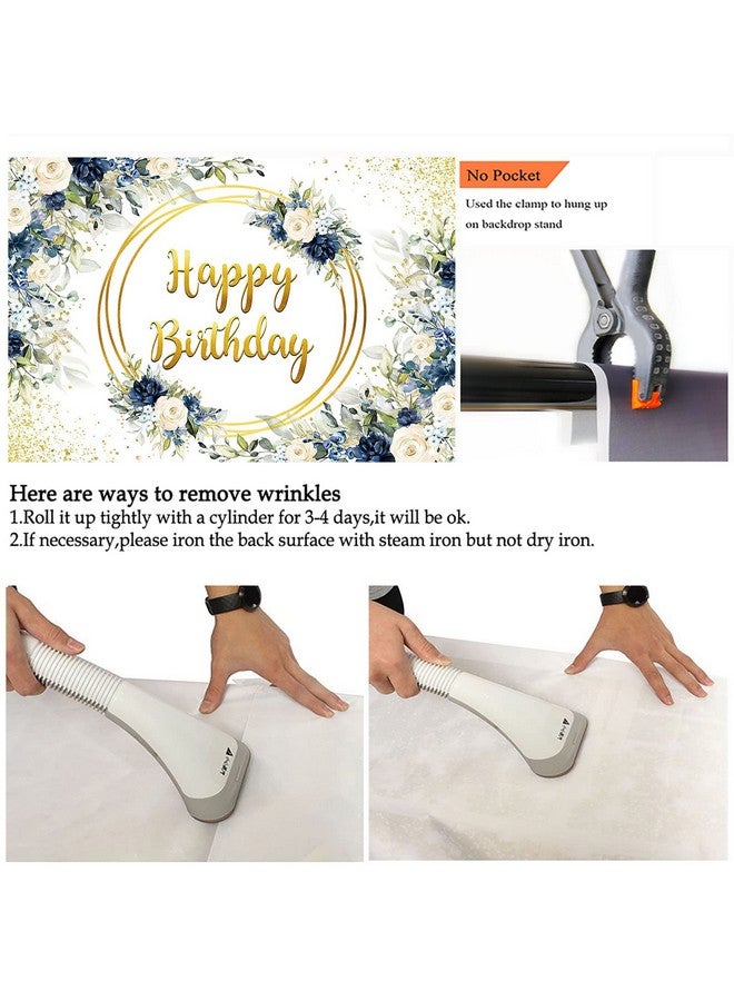 Watercolor Floral Birthday Backdrop Deep Blue And White Rose Birthday Party Decorations Girls And Women Photoshoot Background (7X5Ft)