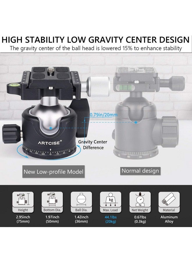 Low Profile Ball Head 36Mm Stability Panoramic Tripod Head 360 Rotating Professional Metal Ballhead With 1 4 Inch Qr Plate For Dslr Cameras Tripods Monopods Camcorder Slider Max Loading 33Lbs 15Kg