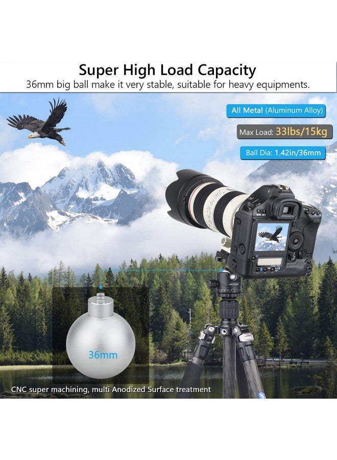 Low Profile Ball Head 36Mm Stability Panoramic Tripod Head 360 Rotating Professional Metal Ballhead With 1 4 Inch Qr Plate For Dslr Cameras Tripods Monopods Camcorder Slider Max Loading 33Lbs 15Kg