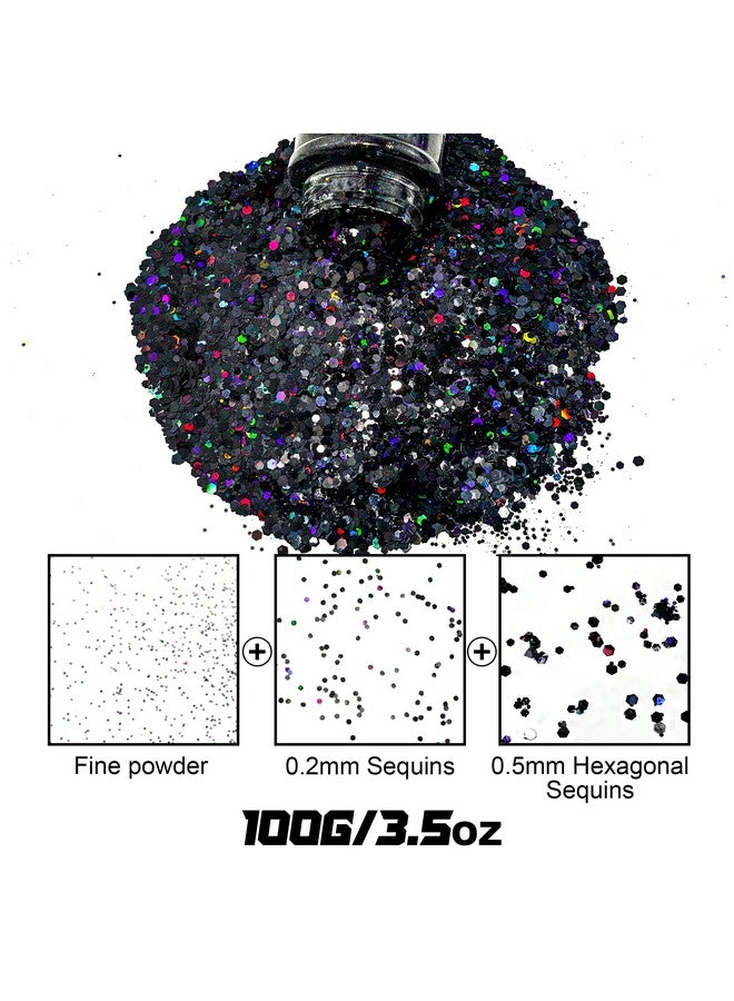 Black Glitter 100G/3.5Oz Holographic Chunky Sequins Cosmetic Craft Glitters Set For Resin Body Hair Face Nail Slime Festival Party Art And More