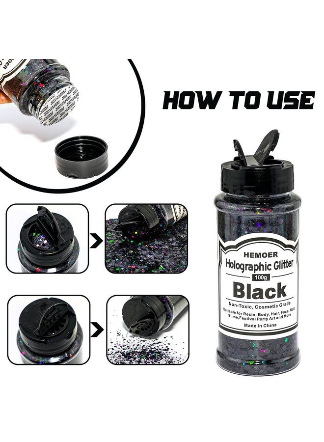 Black Glitter 100G/3.5Oz Holographic Chunky Sequins Cosmetic Craft Glitters Set For Resin Body Hair Face Nail Slime Festival Party Art And More