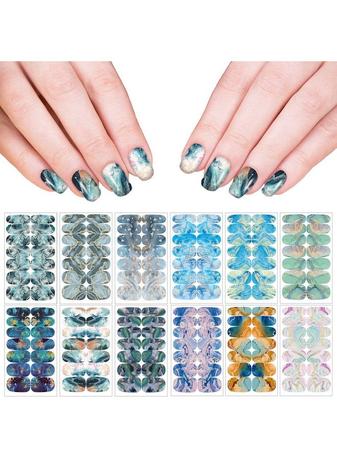 12 Sheets Marble Full Nail Wraps Bronzing Stickers Nail Polish Strips Diy Selfadhesive Nail Art Decals With 2 Piece Nail Files For Daily Party Decorations (168 Pieces)