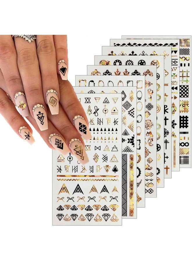 8 Sheets Geometric Nail Art Stickers Black Gold Geometry Triangular Rhombus Minimalist 3D Design Selfadhesive Nail Art Decals Diy Manicure Decoration Supplies Accessories For Women Girls