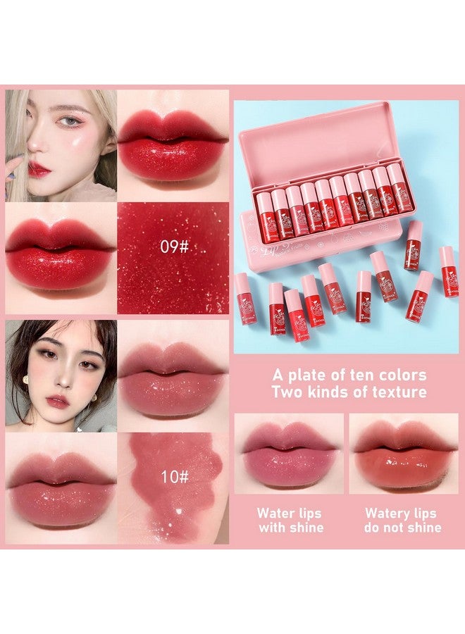 10 Colors Lip Tint Stain Set, Korean Plumping Lip Gloss Watery Lip Stain, Multiuse For Mini Liquid Lipstick & Cheek Tint Long Lasting Vivid Color 02