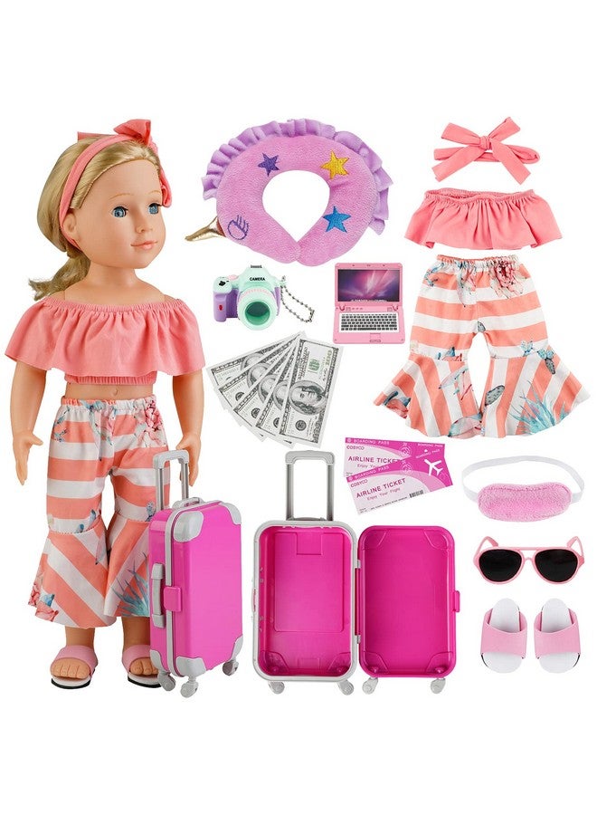 17 Pcs Doll Travel Set Suitcase American Doll Accessories For Girl 18 Inch Including Suitcase Luggage A Set Of Clothes Slippers Sunglasses Camera Laptop Unicorn Pillow Blindfold