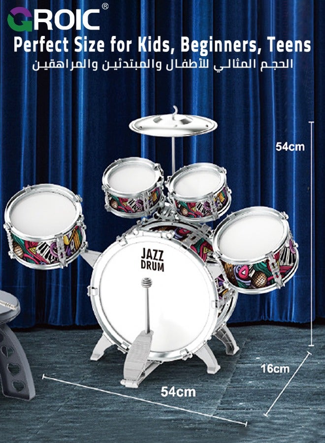 Junior Musical Jazz Drum Set, GROIC Percussion Instrument for Beginners Music Practice, Kids Drum Sets 5 Drums with Cymbal, Drumsticks & Stool, Musical Educational Gift for Boys Girls Age 3+