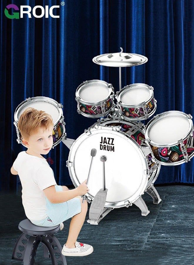 Junior Musical Jazz Drum Set, GROIC Percussion Instrument for Beginners Music Practice, Kids Drum Sets 5 Drums with Cymbal, Drumsticks & Stool, Musical Educational Gift for Boys Girls Age 3+