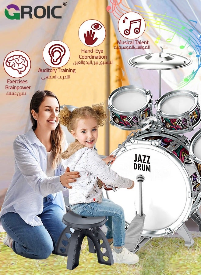 Junior Musical Jazz Drum Set, GROIC Percussion Instrument for Beginners Music Practice, Kids Drum Sets 5 Drums with Cymbal, Drumsticks & Stool, Musical Educational Gift for Boys Girls Age 3+