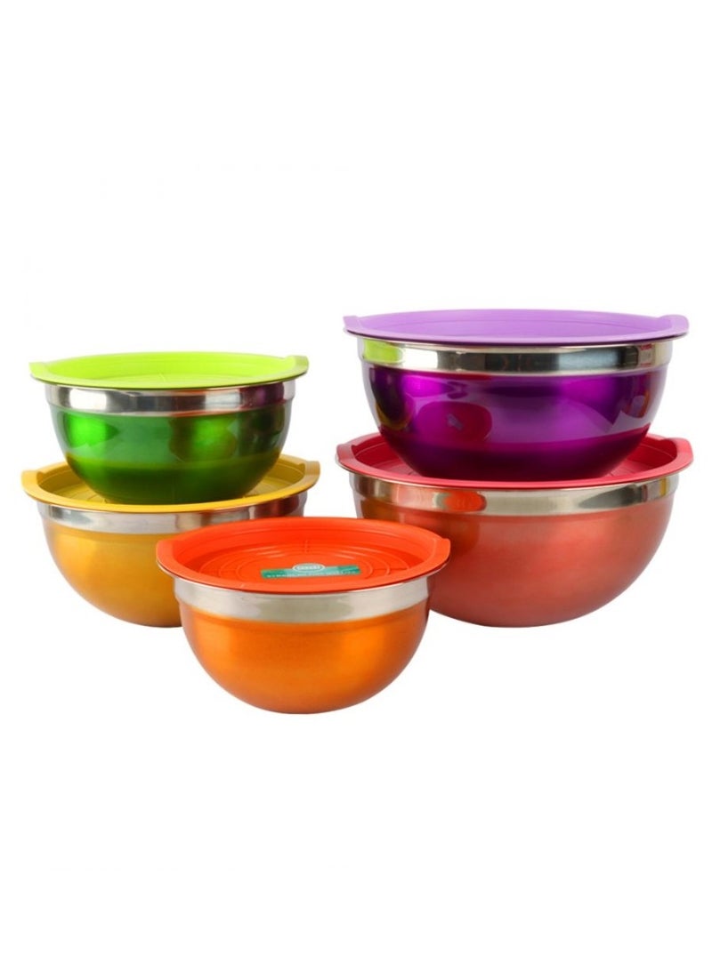 5-Pieces Salad Bowl with Lid Stainless Steel Ware Container 18, 20, 24, 26 and 28cm Multicolor