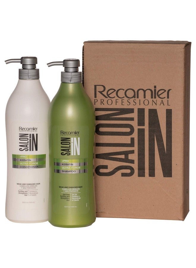 Recamier Saloon In Keratin Ultra Force Shampoo & Conditioner Set Weak & Damaged Hair ; Salonin Champú Y Tratamiento Cabellos Débiles Y Maltratados Kit 33.8Oz1000Ml