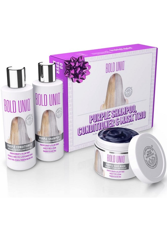 Purple Shampoo Conditioner & Mask Trio Gift Set. Removes Brassy Yellow Tones. Lightens Blonde Platinum Ash Silver & Grays. Paraben & Sulfate Free. Peta Approved Crueltyfree And 100% Vegan.