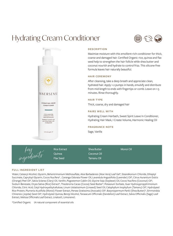 Organic Beauty Natural Hydrating Cream Conditioner ; Nontoxic Crueltyfree Clean Haircare (10Oz)