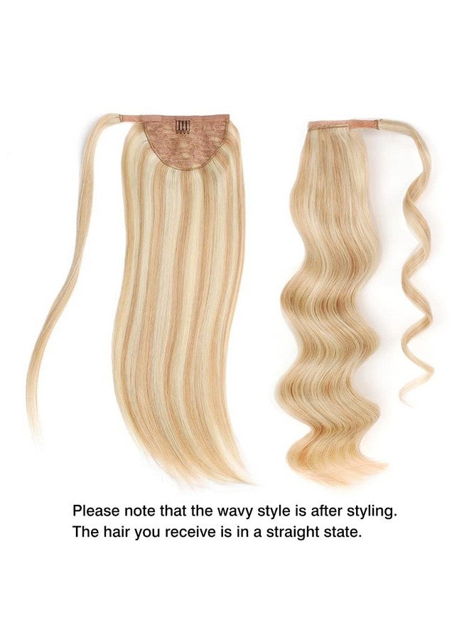 Clip In Ponytail For Women Remy Human Hair Wrap In Easy To Use 80 Gram Dirty Blonde With Platinum Blonde Highlights P1260 Color 16 Inch