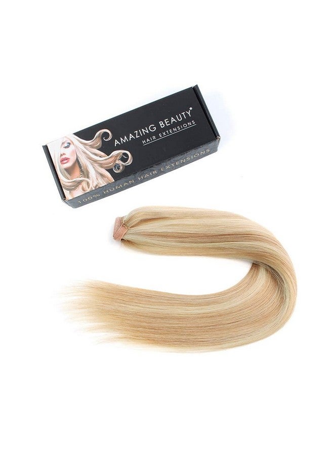 Clip In Ponytail For Women Remy Human Hair Wrap In Easy To Use 80 Gram Dirty Blonde With Platinum Blonde Highlights P1260 Color 16 Inch