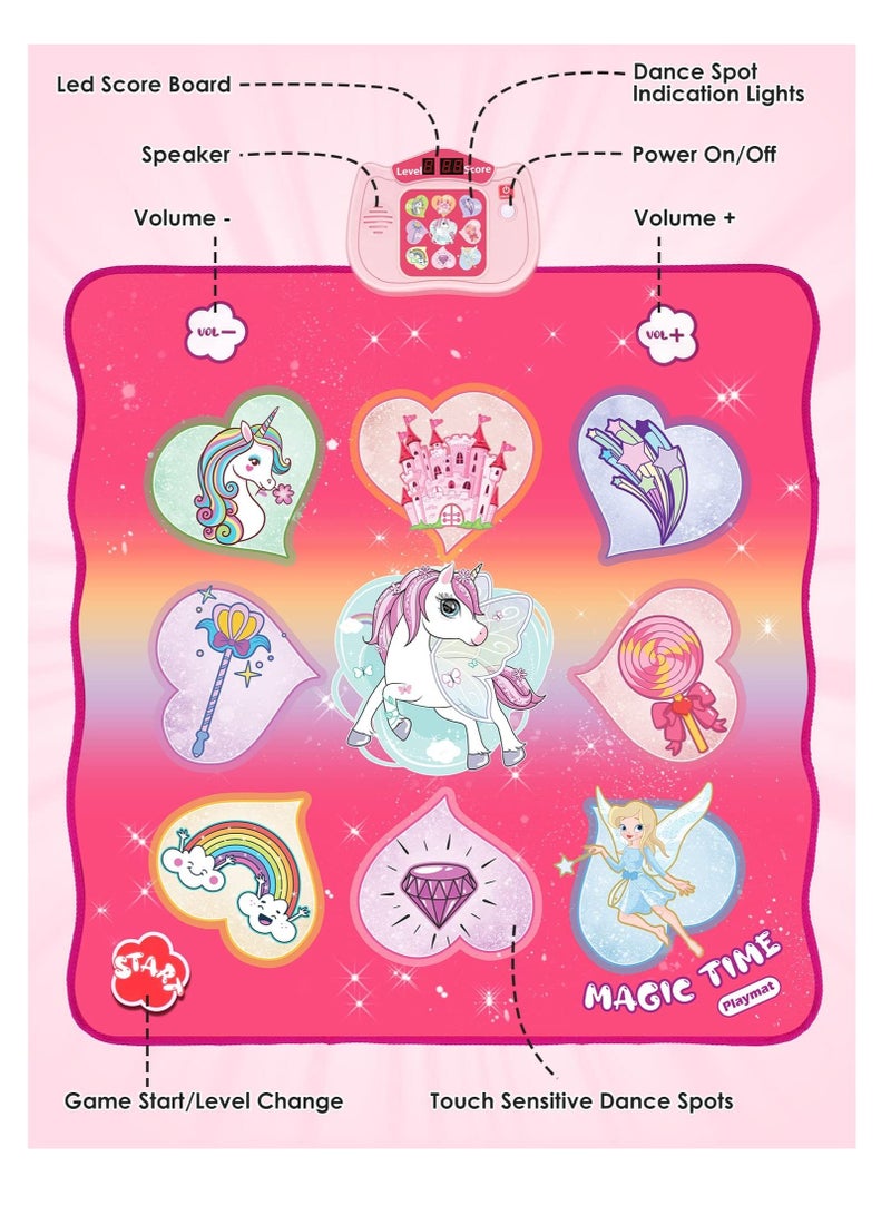 Unicorn Dance Mat Toys, Dance Musical Play Mat with 5 Game Modes& 8 Built-in Songs, Play Mat with LED Lights, Adjustable Volume, Suitable for 3 -6+ Year Old Girl Kid