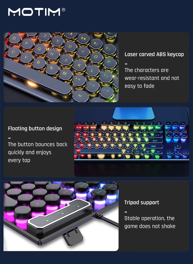 104-Key Mechanical Gaming Keyboard RGB Backlit Wired with Blue Switch Retro Round Keycap, Writertype Keyboard-104keys with Gaming Mouse for Windows/MacOS/Android And PC Gamers