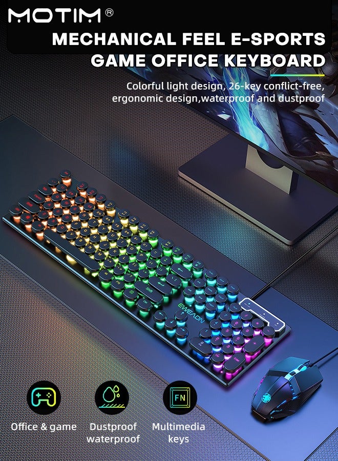 104-Key Mechanical Gaming Keyboard RGB Backlit Wired with Blue Switch Retro Round Keycap, Writertype Keyboard-104keys with Gaming Mouse for Windows/MacOS/Android And PC Gamers